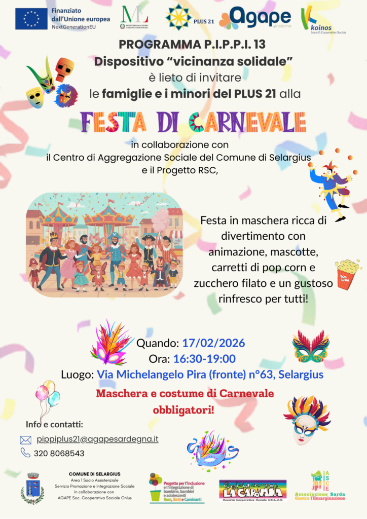 PROGRAMMA PIPPI 13 – FESTA DI CARNEVALE PER LE FAMIGLIE E I BAMBINI E RAGAZZI DEL PLUS 21